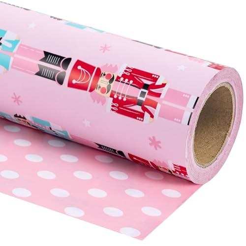 RUSPEPA Papel de presente de Natal reversível - mini rolo - 43,2 cm x 10 M - design de bolinhas e quebra-nozes rosa para o Natal, feriados, celebração de festas