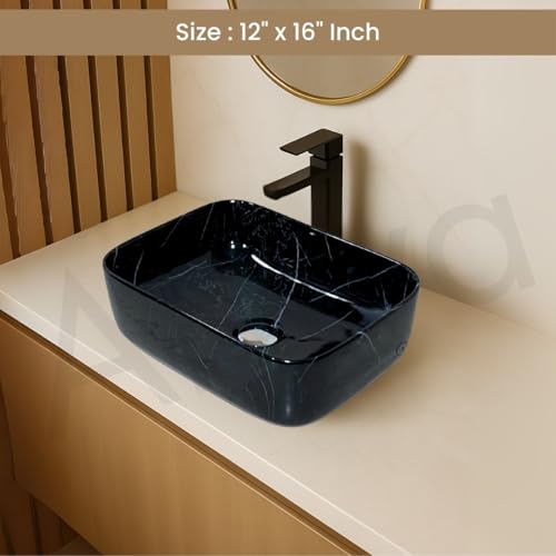 Image of Artiva Ceramic Wash Basin /Tabletop Washbasin For Bathroom,12 inchx16 inch /Small Countetop Bathroom Basin /Table Top Basin For Home,Office,Hotel /Rectangle Glossy Sink (Lina Black,12x16 Inch)