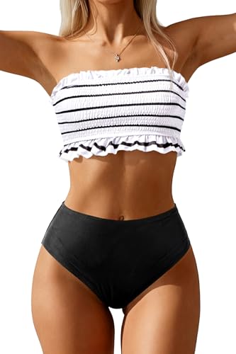 12 Best Off The Shoulder Two Piece Swimsuits for Women Over 50 (2026) 15 Tempt Me Black White Stripe Women Bandeau High Waisted Bikini Sets Smocked Swimsuit Strapless Two Piece Bathing Suit M