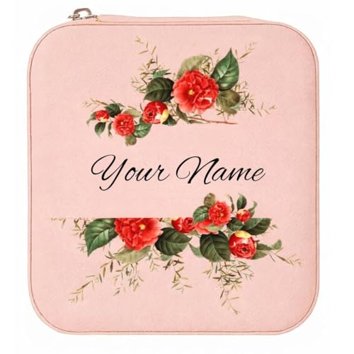 Image of Personalised Jewellery Box Organiser, Mini Travel Jewelry Storage Case, Portable Small PU Leather Box with Zipper, Pink Floral Design for Rings Earrings Necklaces Bracelets