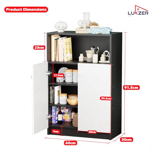 Image of Lukzer 4-Tier Kitchen Organizer Rack & Storage Cabinet (SR-003 /Black) Engineered Wood Multipurpose Kitchen Rack & Storage Shelf with Door, Modern Pantry Cabinet for Dining & Living Room (92x30x60 cm)
