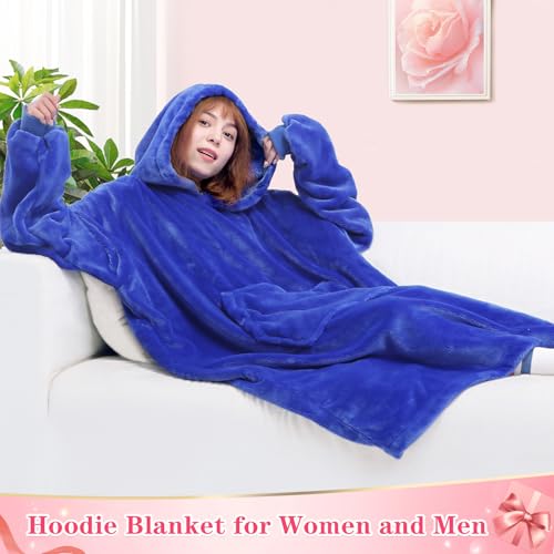 Image of Waitu Wearable Blanket Sweatshirt Gifts for Women and Men, Warm and Cozy Giant Blanket Hoodie, Thick Flannel Blanket with Sleeves and Giant Pocket - Blue