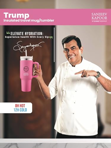 Image of Sanjeev Kapoor by Classic Essentials Stanley Stainless Steel 1200ML Tumbler with Lid and Straw, Hot and Cold Double Insulated Sipper Mug, 100% Leak Proof Coffee Tumbler Cupholder for Office (Pink)