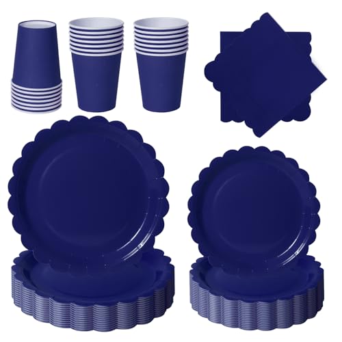 PYAILI 96 Piezas Azul Oscuro Vajilla Fiesta Cumpleaños, Platos y Vaso Cumpleaños Infantil, Set de Party Decoración Platos Servilletas para Navidad, Barbacoas, Fiestas -24 Invitado