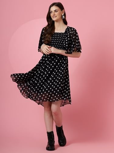 Image of Sheetal Associates Women's Fit and Flare Polka Print Georgette Flared Sleeve Casual Dress