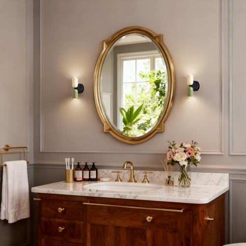 Image of Vintage Wall Sconce Bathroom Vanity: Mid Century Wall Lights Bedroom Hallway - Metal Wall Lighting Mirror (Green & White)