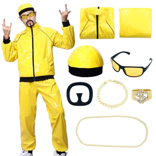 Raveparty Costume de rappeur Ali G pour adultes avec chapeau, collier, barbe, lunettes, bague pour carnaval, fête d'Halloween