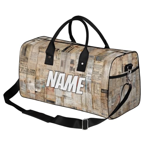 Personalized Abstract Geometric Travel Duffel Bag with Name, Custom Gym Sport Bag Newspaper Pattern Carry On Weekend Overnight Duffel Bag for Men Women2