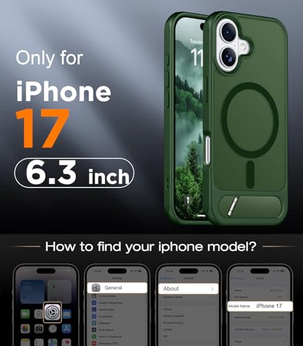 Image of Designed for iPhone 17 Case, [Built-in Invisible Kickstand][Compatible with MagSafe][Military Grade Shockproof] Slim Translucent Matte Phone Case for iPhone 17 6.3 inch (Forest Green)