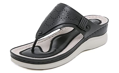 INMINPIN Femme Tongs Compensées Sandales en Cuir à Talon Été Chaussures de Plage Confortable Léger Plateforme Flip Flop,Noir,44 Femme Cover