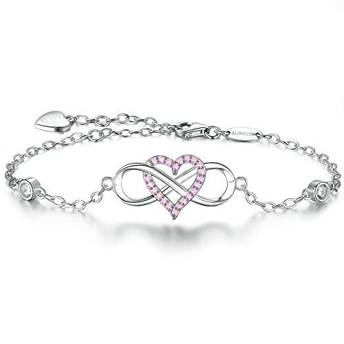 BlingGem Bracelet for Women White Gold-Plated 925 Sterling Silver Infinity Heart Charm Pink Cubic Zirconia Infinity Love Jewelry Gift for Women