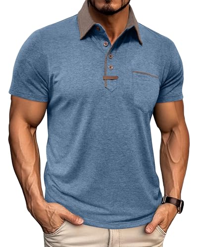 PRIVIMIX Polo Homme Manches Courtes avec Poche, Été Golf Tee Shirt pour Travail et Sport, Bleu, L