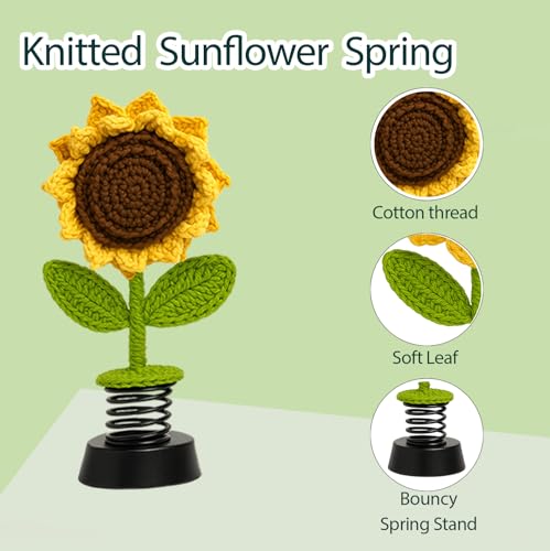 Image of Handmade Crochet Sunflower Double pattels Car Dashboard Decorations Gifts for Women, Cute Sun Flower Car Dashboard Decor, Smiley Face Mini Sunflower Spring Desk Decorations 1 PCS