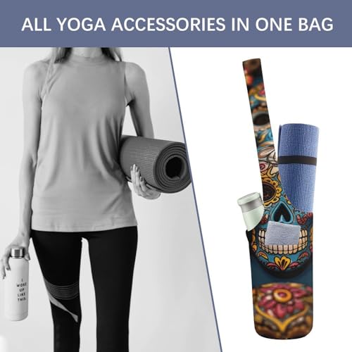 Kleurrijke Sugar Skulls Yoga Mat Bag, Duurzame Canvas Yoga Mat Opbergtas met Waterfles Zak En Bodem Natte Zak, Past Op De Meeste Maat Yogamatten - Afbeelding 5