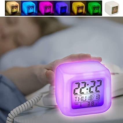 Image of K D Multicolour LED Digital Alarm Clock for Table | Battery Operated Desk Clock with Time, Date, Day & Temperature Display | Night Light Clock with Snooze & Music Alarm