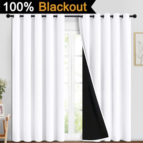 Image of Yakamok Pure White 100% Blackout Curtains 84 Inches Long 70 inch Wide 2 Panel | Blackout Curtain Panels for Bedroom, 2 Thick Layers Grommet Top Thermal Insulated Drapes with Black Liner for Living Room