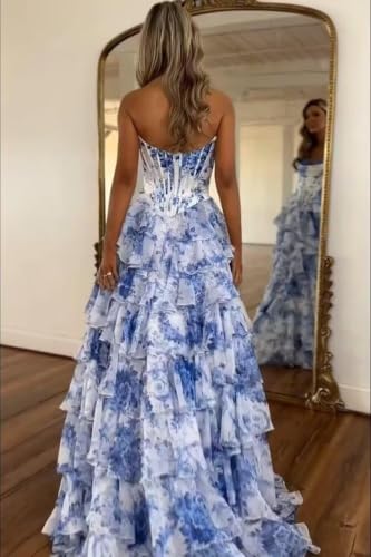 Misshow Robe Soiree Princesse pour Jeune Fille Col V sans Bretelles A-Ligne en Mousseline de Soie Lacet Ajustable Bleu 40 – vue 2
