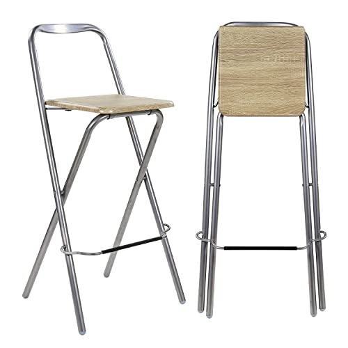 Taylor & Brown Folding Bar Stool Chair Wooden Effect Breakfast Barstool Kitchen Restaurant Seating Silver Frame Foldable Seat Home with Footrest, Natural