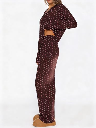 Image of Dressmine Ladies Long Sleeve Cute Pajama Sets 2 Piece Fall Outfits Button Up Pjs Set Loungewear