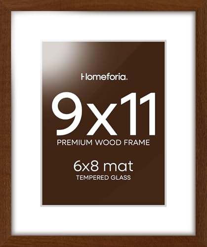 Image of Homeforia 9x11 Brown Oak Picture Frame, High-End Wood, 6x8 Mat, Glass | High End Solid Oak Wood, Tempered Glass, Acid-Free 6x8 Removable Mat, 9x11 Edge-to-Edge Display 11x9, Wall Kit, Set Of 2