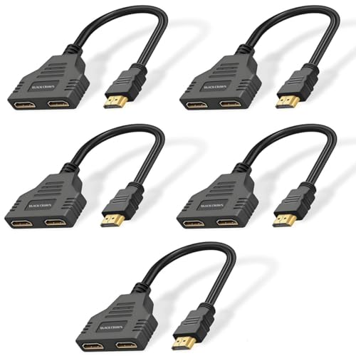 Image of BLACK CROWN HDMI Cable Splitter, HDMI 1x2 Splitter Cable, HDTV 1 in 2 Out HDMI Converter Adapter, HD-MI Male HD-MI to Dual Female 1 to 2 Way for PC,Gaming Consoles, HD, LED, LCD, TV. Black (PACK OF 5)