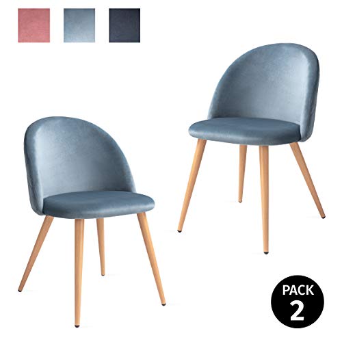Mc Haus SOFI - Pack 2 Sillas Comedor Tapizadas de terciopleo Azul perla, Silla Nórdica Salón Dormitorio con Respaldo y Asiento Acolchados 49x46x77cm