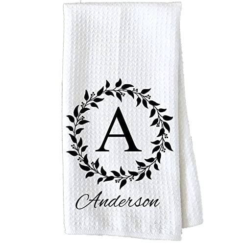 Personalized Kitchen Towel | Custom Tea Towel | Family Name Dish Towel | Kitchen Decor | Hand Towel | Housewarming Gift | Monogram Dishcloth (Wreath 1)