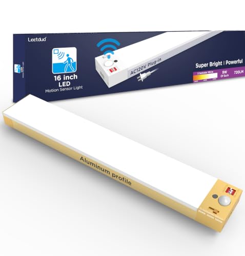 Image of Leetdud Under Cabinet Lighting Plug in 16 Inch, 120V Motion Sensor Lights Indoor, 3CCT 3000 /4000 /5000K, Aluminum Linkable Super Bright LED Counter Light with Timer for Kitchen, Closet, Golden, 1 Pack