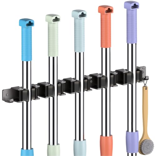 Oamwrae 5 Slot Porta Scope Parete con 2 Ganci, Portascope da Muro in Acciaio Inossidabile, Appendiscope da Muro Resistente per Bagno, Cucina, Giardino e Garage, Grigio