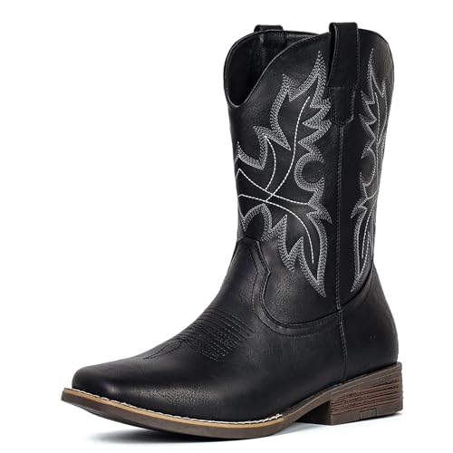 IUV Cowboy Boots for Men Western Cowboy Boots Square Toe Pull-On with Embroidery and Arch Support