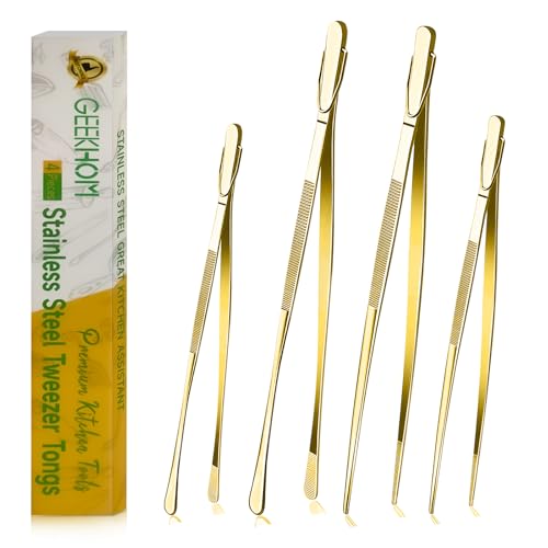GEEKHOM Pinzette lunghe sottili, confezione da 4, 30,5 cm + 25,4 cm, pinzette da cucina professionali per cucinare, arrostire, cuocere, grigliare, friggere, barbecue, insalata, dessert, oro
