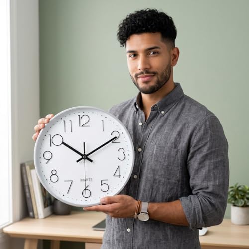 Image of jomparis 10 Inch Silver Wall Clock Battery Operated Silent & Non-Ticking Wall Clock for Home Office Bathroom