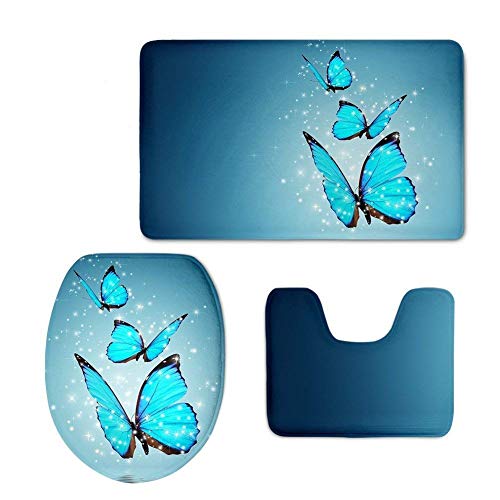 RedBeans Badezimmerteppich-Set mit blauem Schmetterling, weich, Rutschfest, Flanell, Badematte, Toilettendeckel, 3 Stück