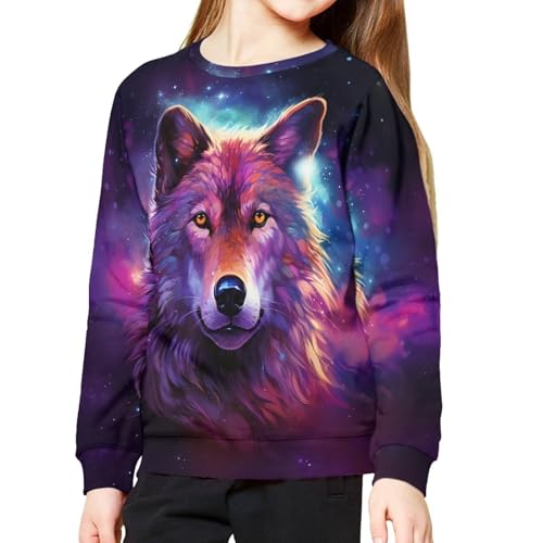 HUIACONG Cool Starry Wolf Boys Sweatshirts Galaxy Wolf Kids Athletic Pullover Child Long Sleeve Shirt Toddler Sportswear Young Casual Clothes Tshirt Active Sweater Size 8-104