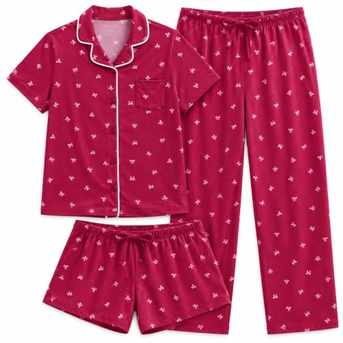 Image of US Angels Girls Pajama Set 3 Piece, Short Sleeve Button Down PJs with Shorts & Pants, Soft Sleepwear Girls & Tweens Size 5-16