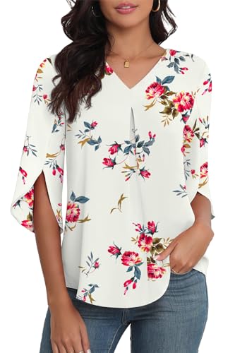 LAOLASI Womens Summer Chiffon Blouses 3/4 Sleeve V Neck Casual Loose Work Tops for Leggings 2025 Flowy Dressy Tshirts