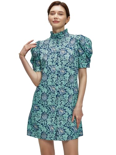 Women Summer Floral Mini Dress Ruffle Neck Puffer Sleeve Boho Beach Shift Dresses