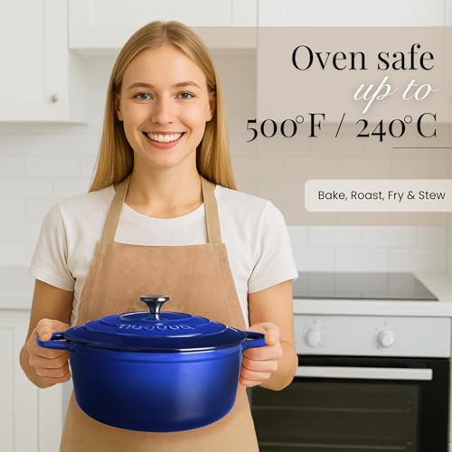 Image of Nuovva Enamelled Cast Iron Dutch Oven Pot with Lid-6.4 Quart Non Stick Casserole Pot-Heavy Duty & Oven Safe up to 500 F for Bread Baking, Braising, Stews, Roasting - 28cm Dark Blue