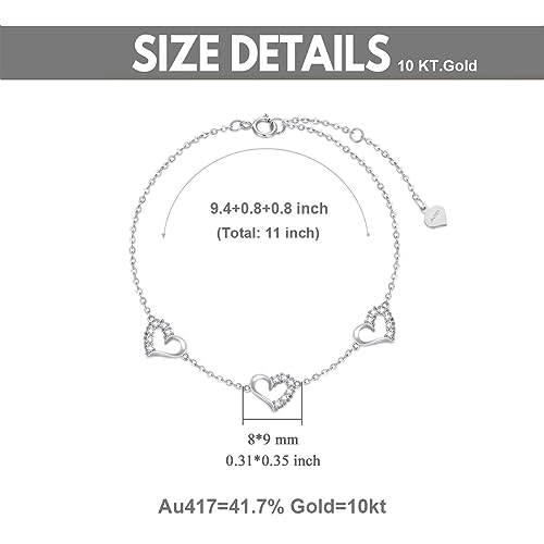 Image of SISGEM 10k White Gold Heart Anklet for Women, Cubic Zirconia Love Ankle Bracelet Jewelry for Wife /Mother /Sister, Birthday Gifts for Her, 9.4 inch-11 inch