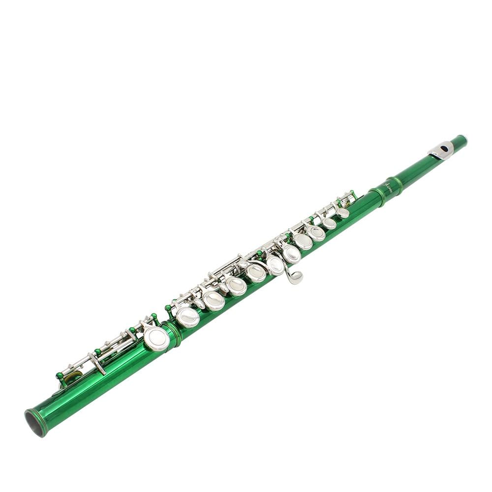 Flauta verde de 16 orificios, tecla C, cuerpo de tubo de cobre blanco, orificio de sonido técnico de dibujo en frío, multicolor opcional, adecuado for principiantes, caja de almacenamiento de cuero y