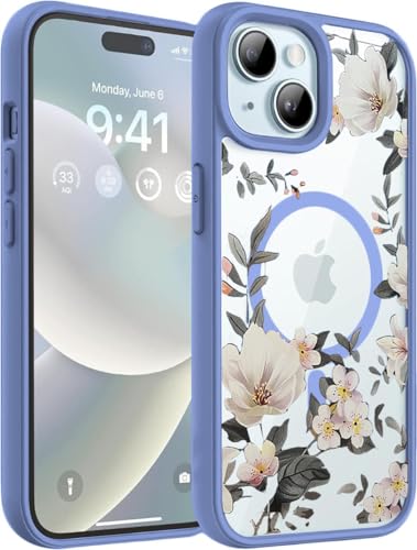 Image of VONZEE Compatible with iPhone 15 Plus Case Luxury Retro Flowers Floral Clear for Magnetic Wireless Charging Case Shockproof Case PC+TPU Cute Glossy Shiny Cover for Girls Women, 6.7'' Official Blue