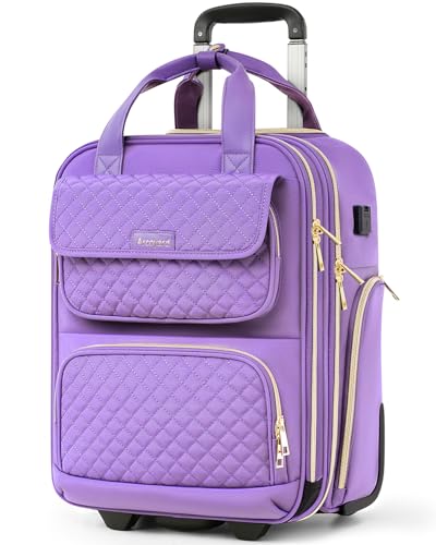 Arcoyard Underseat Carry On Luggage with Wheels, Airline Approved Personal Item Bag, 17-Inch Multi-functional Rolling laptop Bag, Lightweight Overnight Suitcase for Women, Bussiness, Travel, Purple,