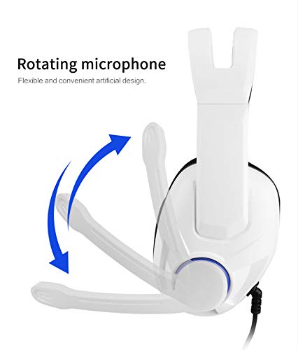 HNQH Fone de ouvido para jogos com fio para PC, fone de ouvido estéreo branco sobre a orelha com mic