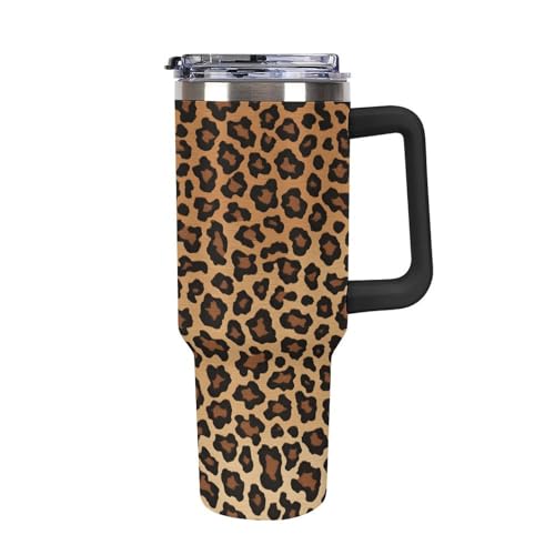 Quteprint Gobelet isotherme en acier inoxydable de 1200 ml avec poignée, motif peau d'animal léopard, bouteille d'eau étanche avec couvercle et paille pour eau, thé glacé ou café, convient à la