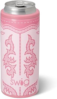 Swig Life 12oz Skinny Can Cooler for Slim Cans, Boot Scootin' Pink | Insulated Stainless Steel - Fits Slim 12oz Cans - Keeps Drinks Cold - No Sweat Design - Beach & Tailgate Ready