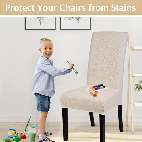 Image of SearchI Jacquard Dining Room Chair Covers Set of 4, Stretch Kitchen Chair Covers Washable Parsons Chair Slipcover Removable Dining Chair Protectors for Hotel,Ceremony(Beige)