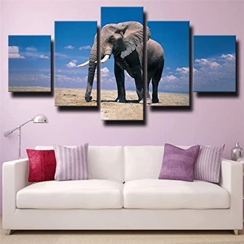 Tableau Multi Panneau 5 Parties Porte Animal Éléphant (Sans Cadre 150 X 80 Cm) Art Mural Motif Moderne Impression Sur Toile Intissee, Tableau Deco,Peinture...