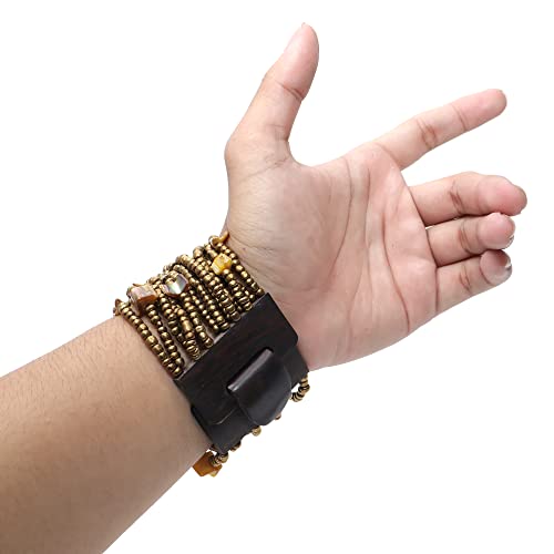 Exotic Beads Gold 14 Strand Elastic Stretchy Glass Beaded Bracelet With Hard Wood Buckle Clasp – 2” Wide With Shells #TOP7