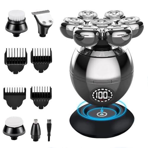 スキンヘッド用シェーバー スキンヘッド シェーバー メンズ 髭剃り 電動シェーバ メンズシェーバー 5in1 電気シェーバ 男性用 IPX7防水 乾湿両用 回転 ひげそり 電動 鼻毛カッター 男性用 ヘア 顔/頭剃り 散髪 洗顔プラシ 水洗い可 Type-C充電式 LEDディスプレイ 父や夫への贈り物 ギフト ギフトセット 日本語説明書付きの商品画像（Amazon）
