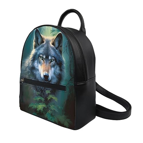 joo meryer Galaxy Wolf Mini Backpacks for Teen Kids Boys pu Leather Casual Daypack Shoulder Bags for College Students,Green Leave Wolf2